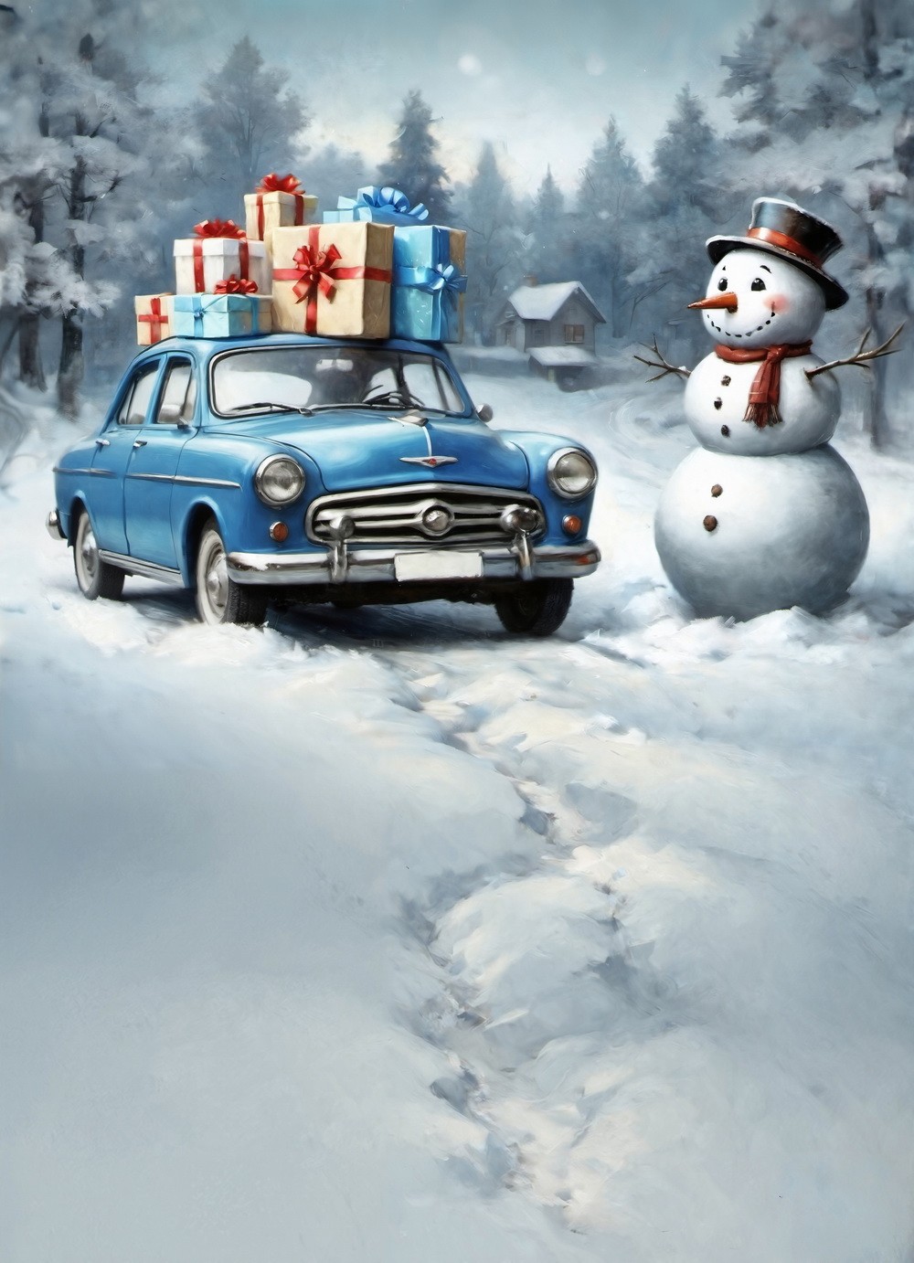 Combined backdrop "A car and a snowman"