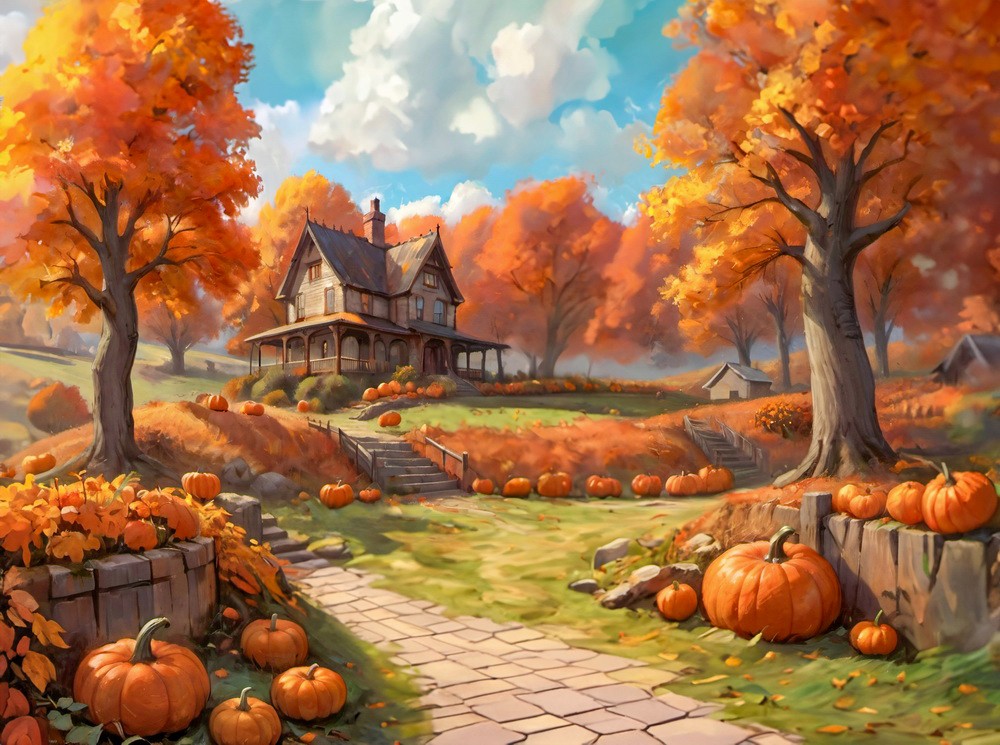 Backdrop "House on a hill with pumpkins"